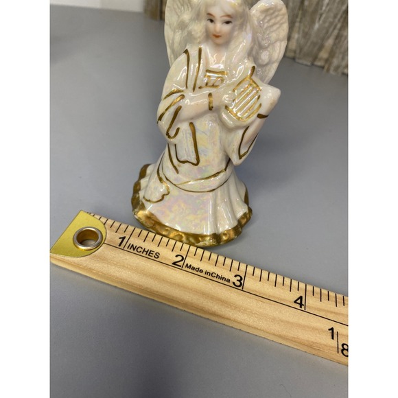 3 Ceramic Angels with Harps and Candles Iridescent Gold Trim Angel Figurines - Picture 9 of 10